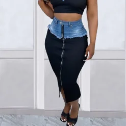 Women'S Casual Fashion Style Patchwork Tassel Denim Slit Skirt -Women Fashion Shop b7c532aede8db35b