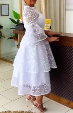 Mesh Lace Bell Bottom Sleeve High Waist Round Neck Women's Dress Evening Gown -Women Fashion Shop b7fd09613203d7fd