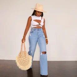 Women Ripped Denim Washed Wide Leg Straight Pants -Women Fashion Shop b7fe58cc1b8f8050