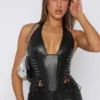 Women Pu Leather Halter Neck Sexy Lace-Up Tank Top -Women Fashion Shop ba5a46400b71c9fb