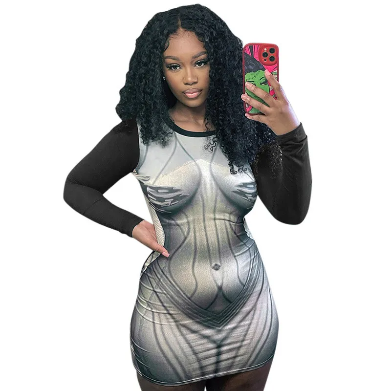 Women's Autumn Fashion Casual Print Long Sleeve Slim Round Neck Short Dress 12 Women's Autumn Fashion Casual Print Long Sleeve Slim Round Neck Short Dress - Image 10