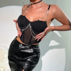 Women See-Through Mesh Patchwork Metal Chain Fishbone Crop Top -Women Fashion Shop ba8b59bf7e86c14a