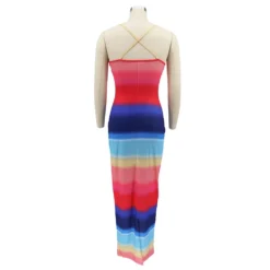 Women Clothes Rainbow Stripe Print Slit Slim Waist Strap Long Dress -Women Fashion Shop baa4bf1a5dbd767c