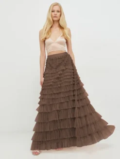 Autumn Women's Solid Color Chic Elegant High Waist A-Line Puff Mesh Long Skirt -Women Fashion Shop bb39abb0a9df7e69