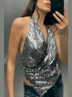 Women Style Sleeveless French Sexy Backless Halter Neck Sequins Top -Women Fashion Shop bc3ff3fe52e07fcb