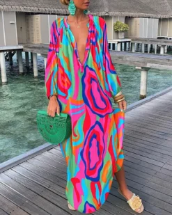 Women Printed V-Neck Long Sleeve Long Dress -Women Fashion Shop bc77985ad1b2bfab