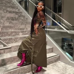 Women's Fashion Style Pocket Slit Tassel Drawstring Pleated Skirt -Women Fashion Shop bcc371f1d864c5d3