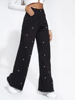 Women Pearl Wide Leg Denim Pants -Women Fashion Shop bdb92faf7c1026e7