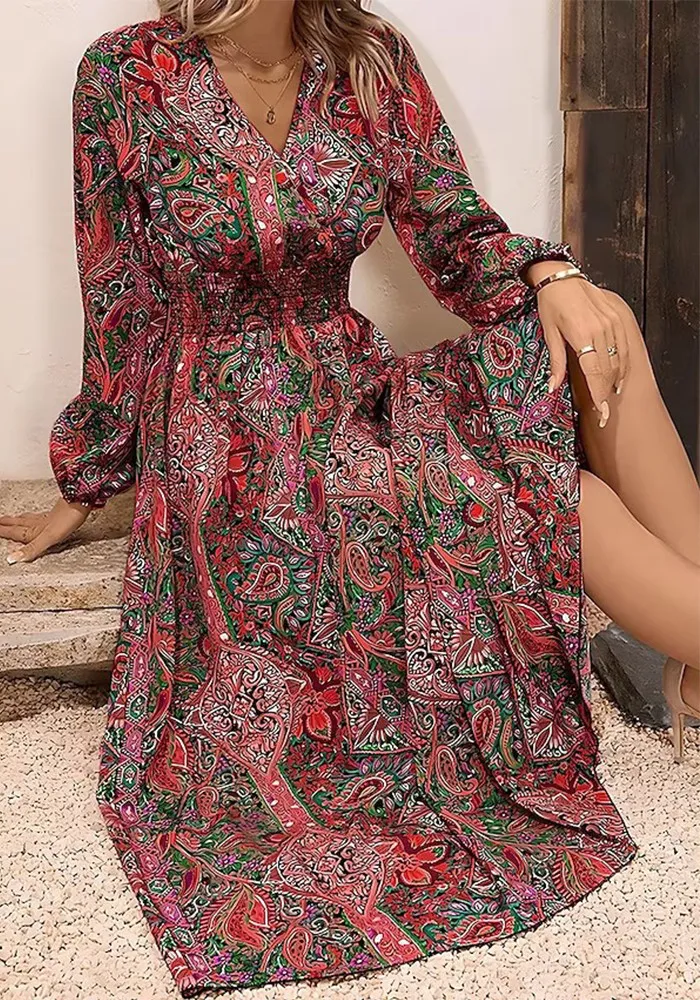 Women Fall And Winter V-neck Printed Long-sleeved Dress 3 Women Fall And Winter V-neck Printed Long-sleeved Dress