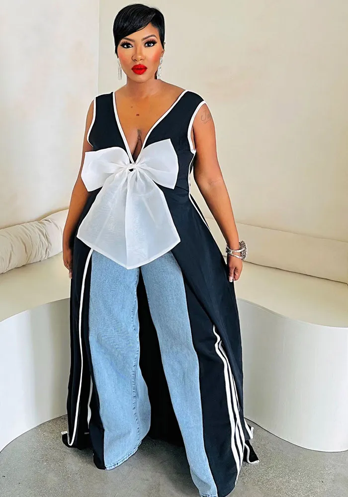 Women Sexy V Neck Big Bow Slit Dress 9 Women Sexy V Neck Big Bow Slit Dress - Image 7