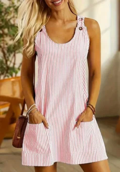 Women Round Neck Pocket Striped Button Casual Dress -Women Fashion Shop bfe829027b62a655