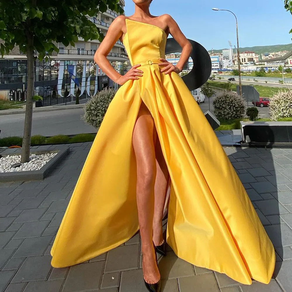 Women One Shoulder Strapless Sexy Slit Dress 7 Women One Shoulder Strapless Sexy Slit Dress - Image 5