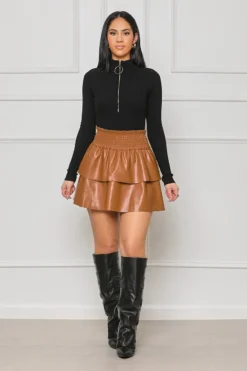 Ladies Fashion Sexy Pu Leather Pleated Double Layer Puffed Skirt -Women Fashion Shop c03621eb57fac989