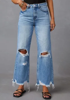 Tassels Washed Ripped Long Denim Pants Casual Wide-Leg Trousers -Women Fashion Shop c09fa2018bc483a5