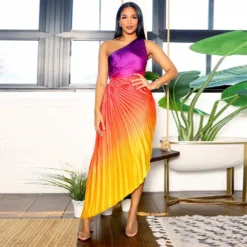 Women Printed Slash Shoulder Pleated Dress -Women Fashion Shop c193750db25929dc