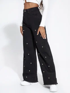 Women Pearl Wide Leg Denim Pants