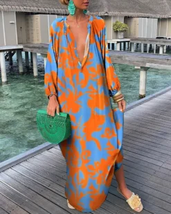 Women Printed V-Neck Long Sleeve Long Dress -Women Fashion Shop c1f607e1b48120d2
