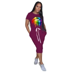 Classic Simple Casual Lip Drawstrings Waist Shirt Dress -Women Fashion Shop c2184a3e8e55765c