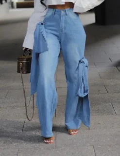 Lace-Up Pocket Wide Leg Straight Washed Denim Pants -Women Fashion Shop c228ad232eff22b9