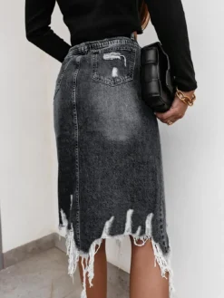 Spring Summer Women's High Waist Front Slit Denim Long Skirt -Women Fashion Shop c2b8113010ba7cd1