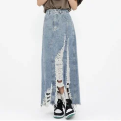 Vintage Denim Skirt Women's Fall Raw Edge Ripped Long Skirt -Women Fashion Shop c30175456d7028d4