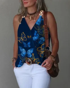 Women Summer Simple V-Neck Metal Buckle Printed Vest Top -Women Fashion Shop c36eb1595659397f