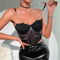 Women See-Through Mesh Patchwork Metal Chain Fishbone Crop Top -Women Fashion Shop c4a302ae347d40b4