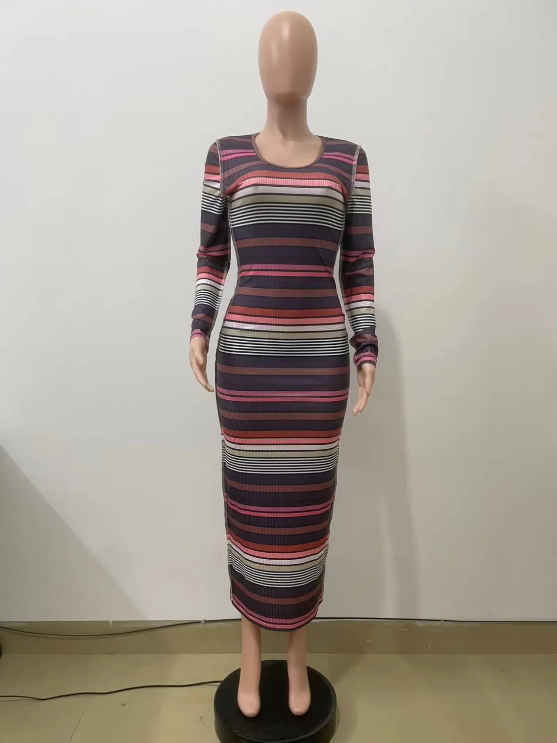 Women Ribbed Printed Stripe Round Neck Long Sleeve Dress 4 Women Ribbed Printed Stripe Round Neck Long Sleeve Dress - Image 2