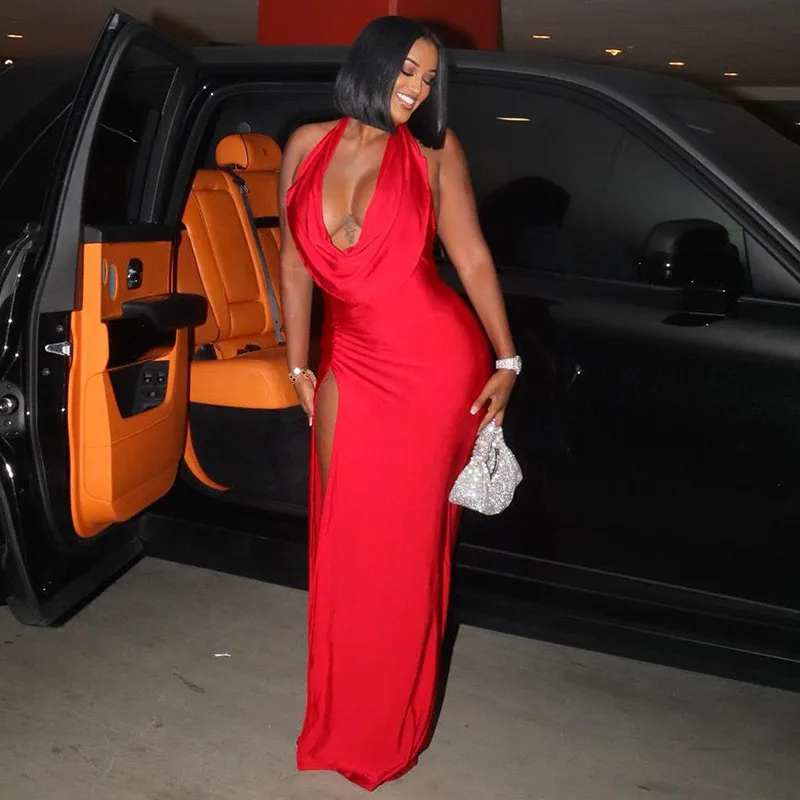 Women Sexy V Neck Halter Neck Backless Slit Bodycon Dress 4 Women Sexy V Neck Halter Neck Backless Slit Bodycon Dress - Image 2