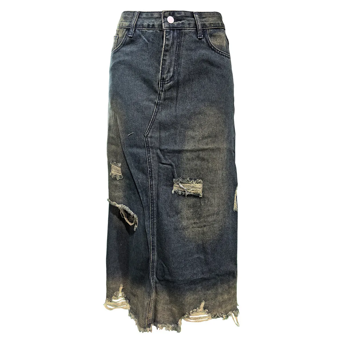 Pocket Distressed Ripped Straight Fit Loose Denim Skirt 3 Pocket Distressed Ripped Straight Fit Loose Denim Skirt