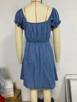 Women Hollow Lace Puff Sleeve Denim Dress -Women Fashion Shop c70add05a4db6669