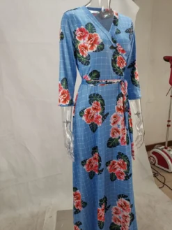 Autumn Three Quarter Sleeve Floral Printed Women's V Neck Maxi Dress -Women Fashion Shop c768a173e736ce1e