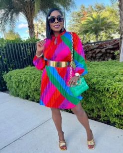 Women Long Sleeve Pleated Rainbow Print Dresses -Women Fashion Shop c7ccad2c7bc3e03c