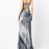Sexy Ladies Denim Print Pin Embellished Backless Slip Maxi Dress