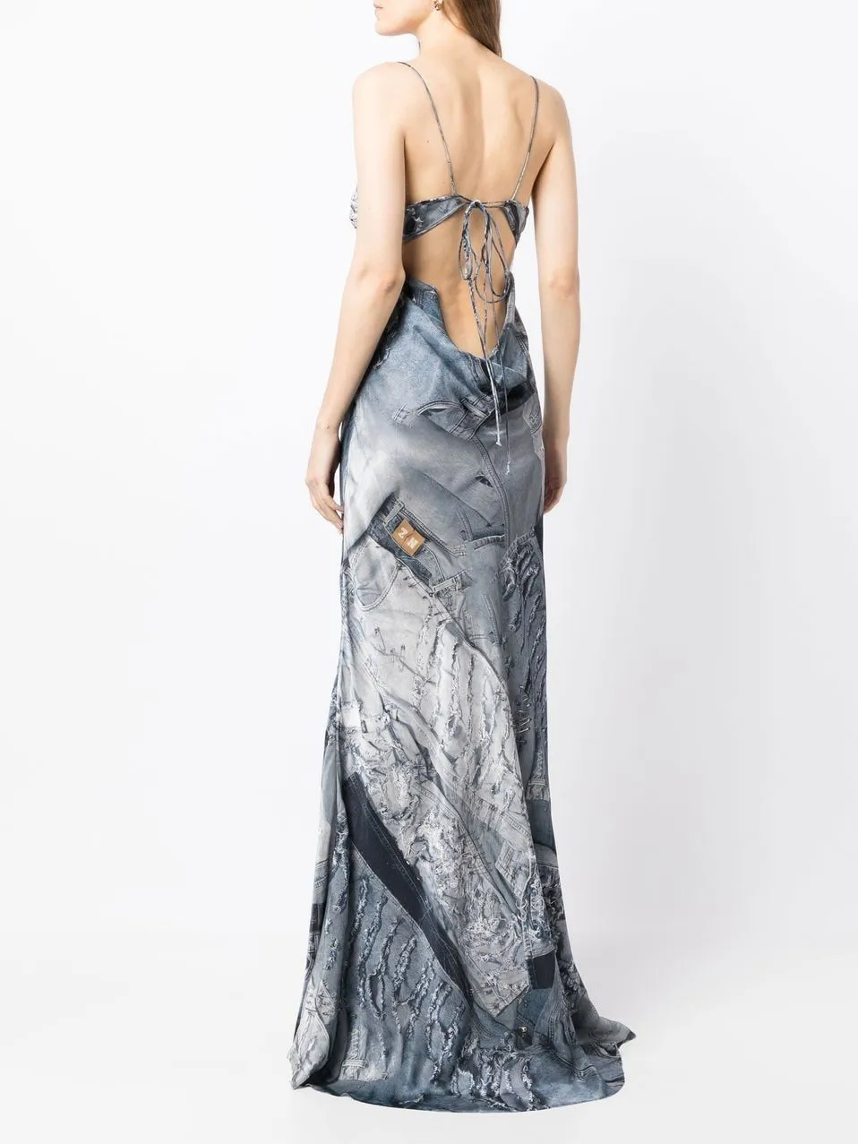 Sexy Ladies Denim Print Pin Embellished Backless Slip Maxi Dress