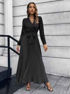 Women Autumn V-Neck Long Sleeve Pleated Maxi Dress -Women Fashion Shop c83972bf66ef838b