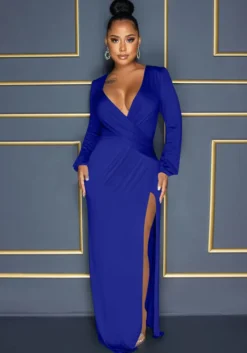Autumn Long Sleeve V-Neck Solid Color Sexy Slit Long Dress -Women Fashion Shop c911406e1cb7dc72