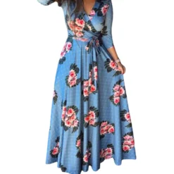 Autumn Three Quarter Sleeve Floral Printed Women's V Neck Maxi Dress