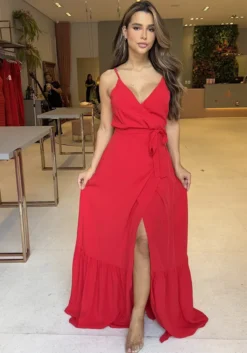 Women Suspender V-neck Tie-up Ruffled Slit Maxi Dress -Women Fashion Shop c9a349edb4755935