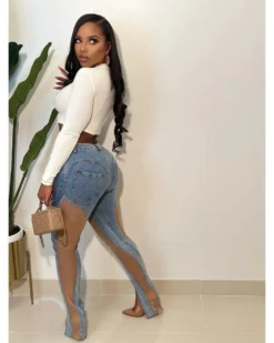 See-Through Mesh Patchwork Slit Stretch Fit Butt Lift Denim Pants -Women Fashion Shop c9e906d47b7a9bb3