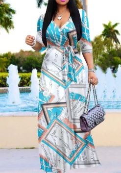 Casual Fashionable Flower Print V-Neck Half-Sleeve Swing Long Dress -Women Fashion Shop ca2bc2dc6c9fc4b2