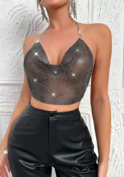 Rhinestone Fishnet Metal Camisole Summer Mesh Top -Women Fashion Shop ca310c098e8d99b8