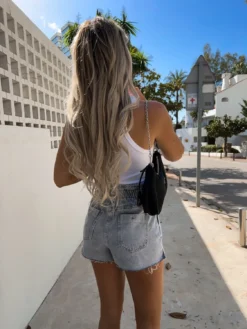 Women's Vintage High Waist Ruffle Elastic Waist Denim Shorts -Women Fashion Shop ccbba1ceec25945c