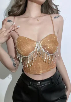 Women Off Shoulder Rhinestone Tassel Sexy Crop Top -Women Fashion Shop cd4dce410363b972
