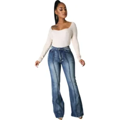 Trendy Patchwork Washed Denim Stretch Slim Bell Bottom Pants Flared Jeans -Women Fashion Shop cdb9bda195c746ed