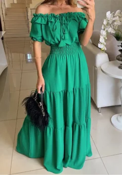 Spring Women's Fashion Chic Off Shoulder Short Sleeve A-Line Long Dress -Women Fashion Shop ce937a066dcff286