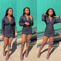 Women Solid Color Long Sleeve Min Shirt Dress -Women Fashion Shop cebafebd27224279