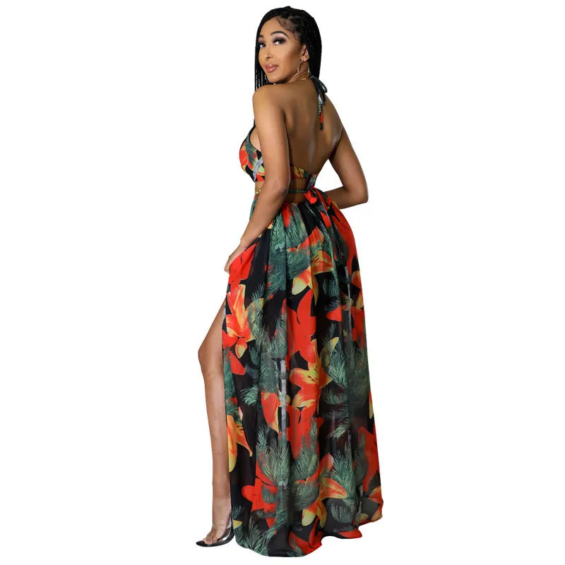 Women's Floral Printed Halter Blackless Slit Maxi Dress 13 Women's Floral Printed Halter Blackless Slit Maxi Dress - Image 11