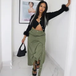 Women's Fashion Style Pocket Slit Tassel Drawstring Pleated Skirt -Women Fashion Shop cf4234cdf9ebf43d