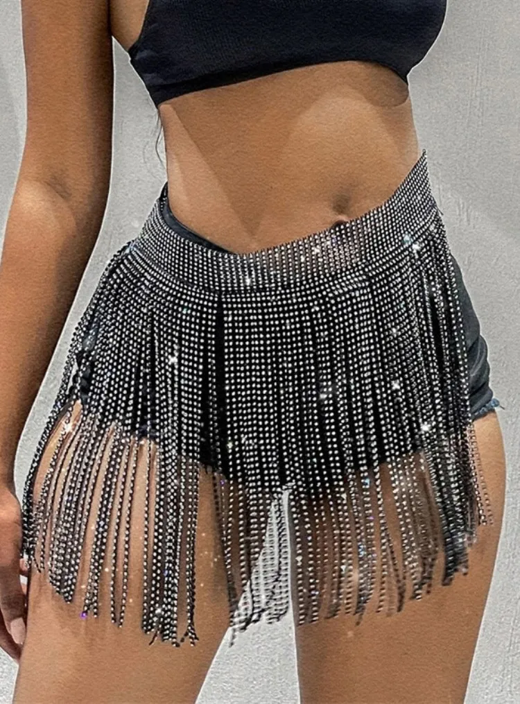 Sexy Black Bling Bling Rhinestone Fringe Tassels Night Club Skirt 7 Sexy Black Bling Bling Rhinestone Fringe Tassels Night Club Skirt - Image 5